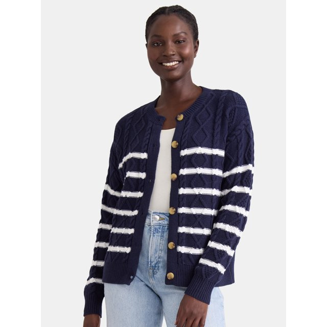 Time and Tru Women's Cable Knit Cardigan Sweater, Midweight, Sizes XS-XXXL | Walmart (US)
