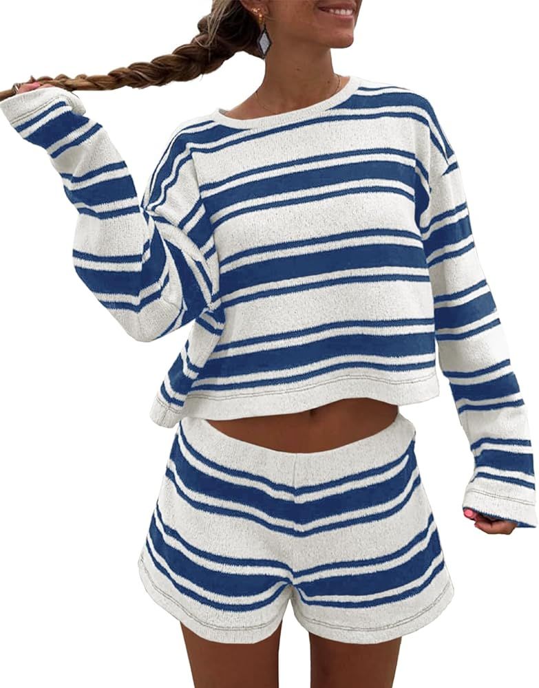 Langwyqu Womens Striped Pajama Sets Long Sleeve Crewneck Sweater Top and Shorts 2 Piece Outfits L... | Amazon (US)