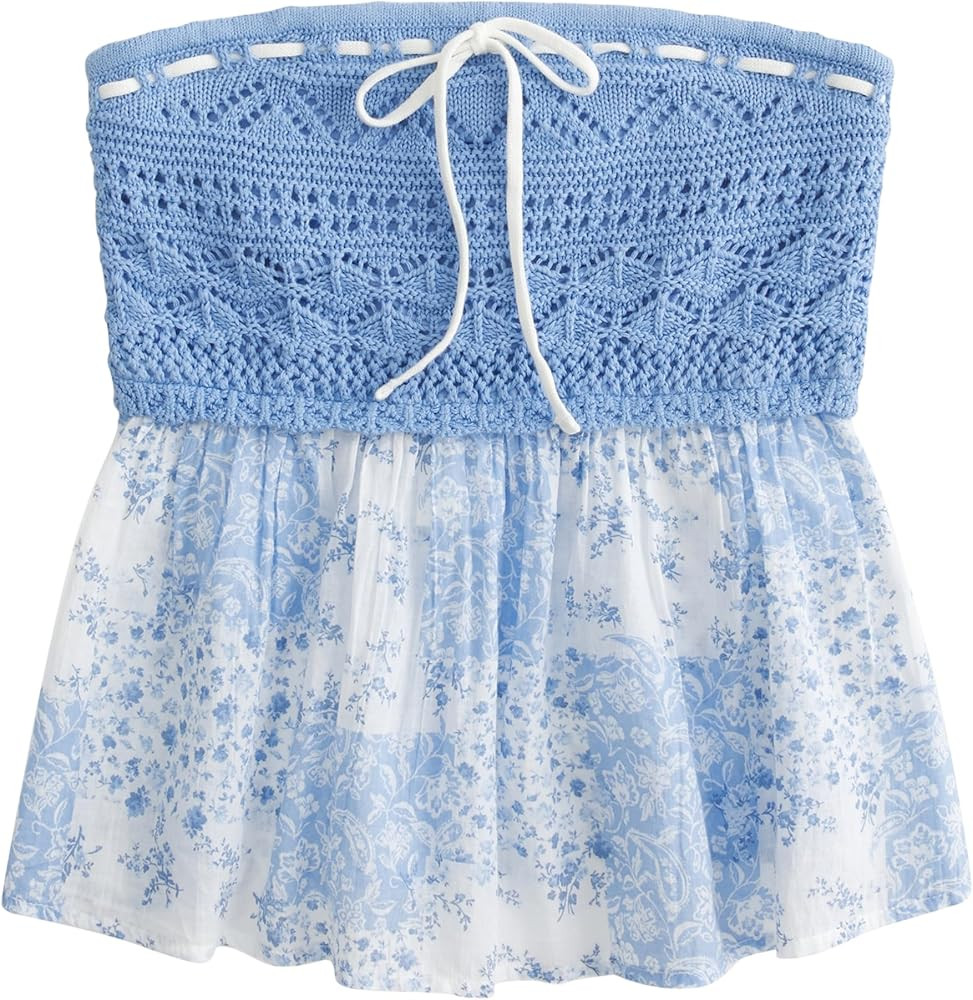 Womens Floral Print Bandeau Tube Top 2025 Summer Sleeveless Strapless Tank Cute Y2k Going Out Babydoll Peplum Tops | Amazon (US)