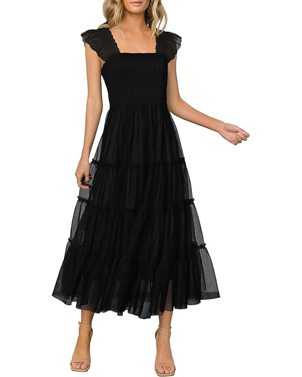 PRETTYGARDEN Womens 2024 Summer Casual Sleeveless Smocked Ruffle Tulle Flowy Beach Sundress | Amazon (US)