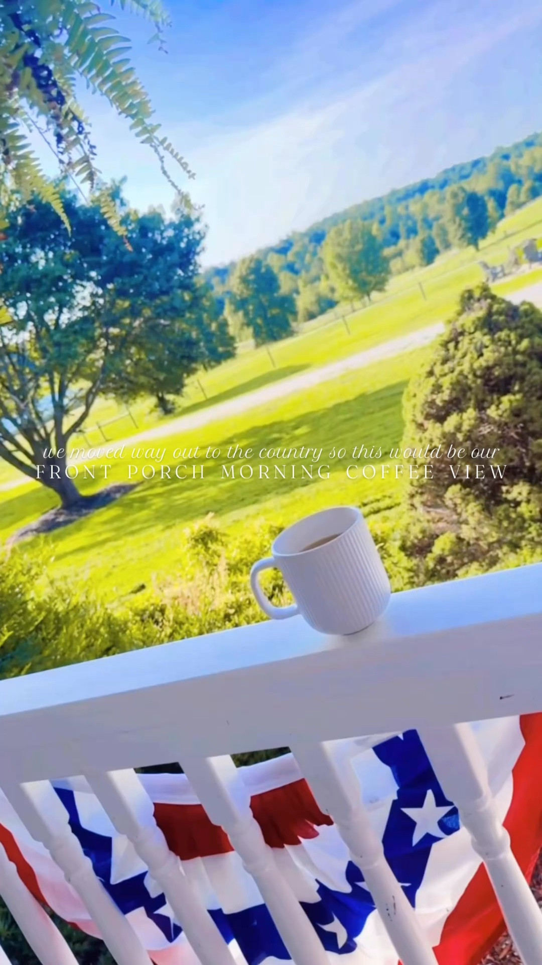 It just doesn’t get dreamier than this for a daily morning coffee view - Thank you, Jesus !! ☕️🌾🇺🇸🌳🏡 #myfrontporchview #countryliving #farmhouseliving #farmhousefrontporch #frontporchcoffeeview