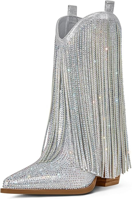 Ouepiano Cowboy Boots for Women - Rhinestone Cowgirl Boots with Sparkly Fringe Pointed Toe Pull-O... | Amazon (US)