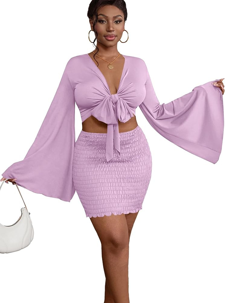 LYANER Women 2 Piece Vacation Outfits Tie Knot Front Bell Long Sleeve Crop Top and Mini Skirt Sum... | Amazon (US)