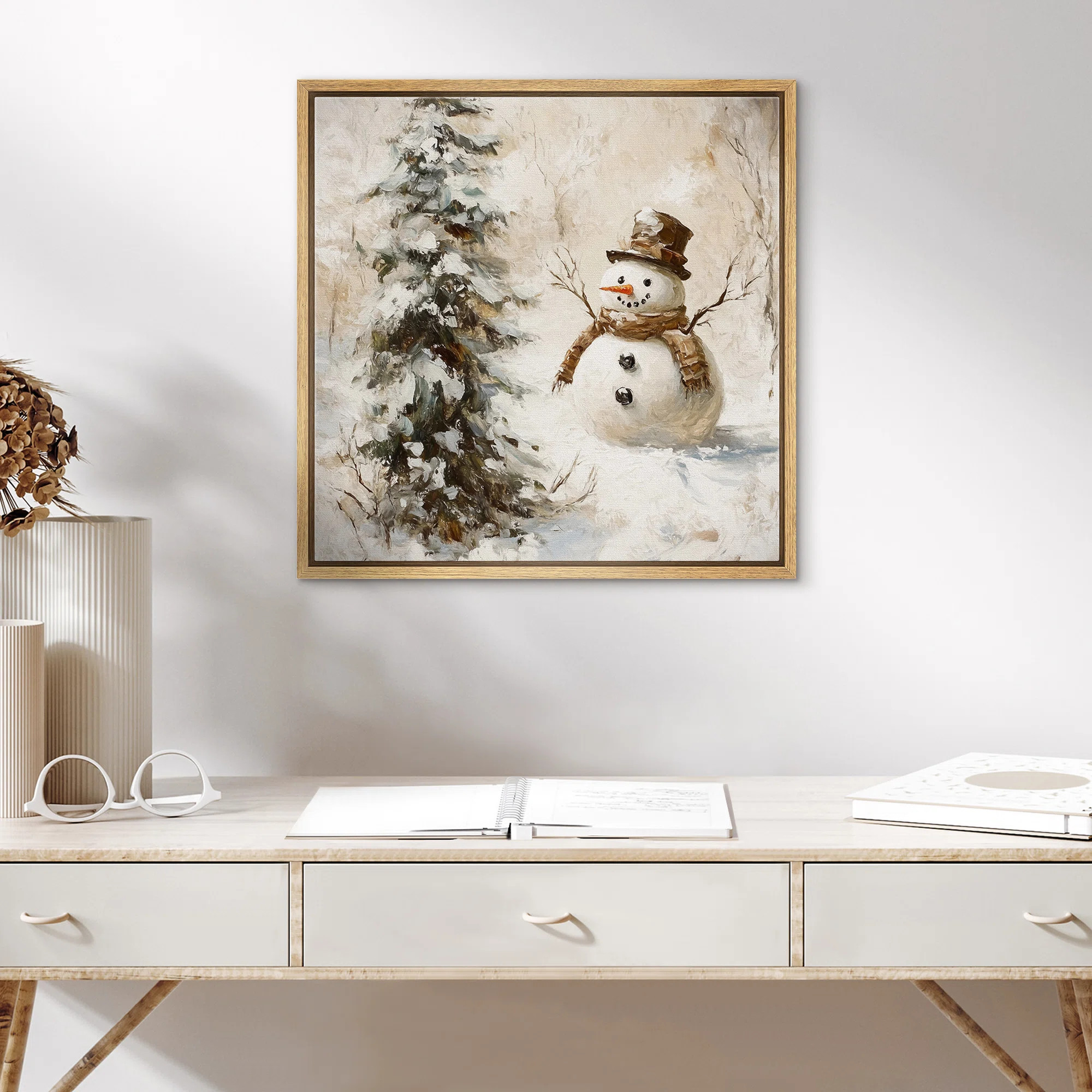 Snowman With Christmas Tree In Winter Modern Rustic Holiday Home Decor Framed Canvas Print Wall A... | Wayfair North America