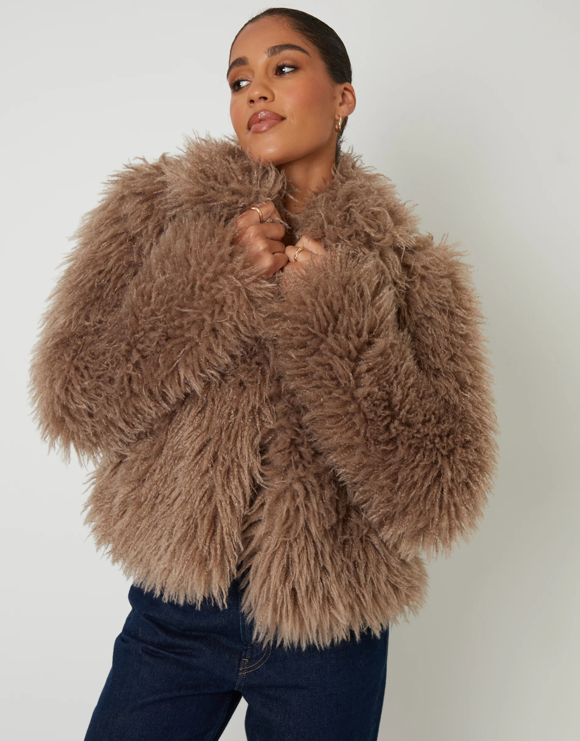 Mushroom Collared Faux Fur Coat | Threadbare
