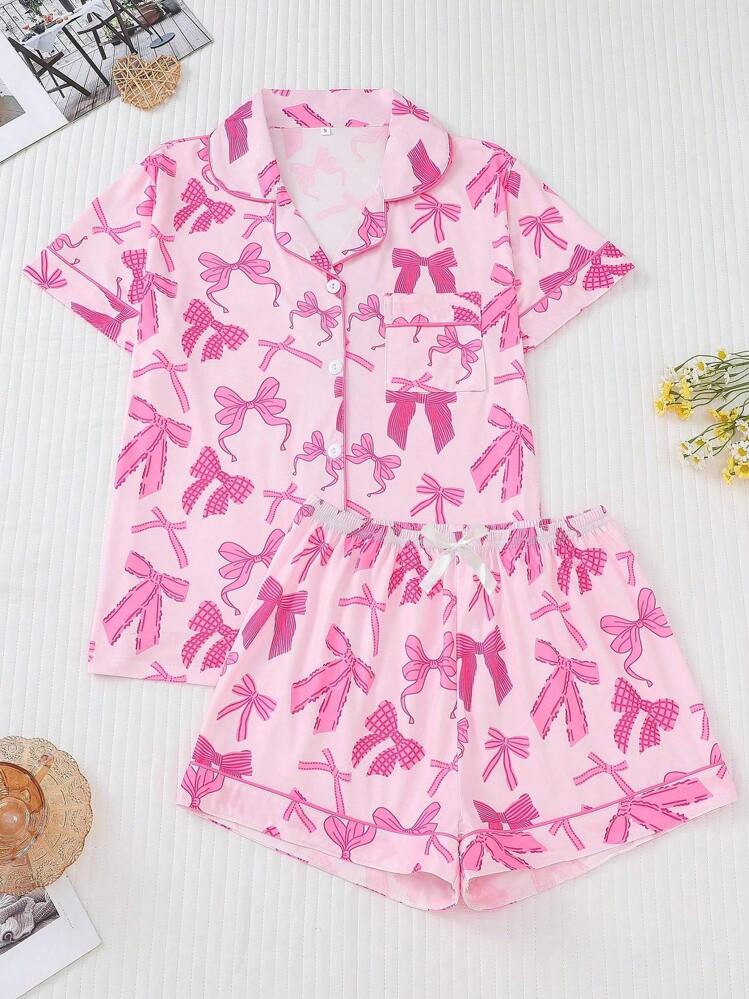 2pcs Bow Print Pajama Set For Women, Comfortable Short Sleeve Lapel Buttoned Shirt And Loose Stre... | SHEIN