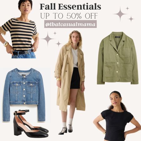 Fall Essentials are up to 50% off. Blazer-jacket in chino, perforated Italian leather belt, Mariner jersey cropped striped boatneck T-shirt with feathers, Vintage rib scoopback T-shirt, Louisa patch-pocket lady jacket in denim, Relaxed heritage trench coat in chino, ankle-strap heels in leather #fallstyle #falloutfits #fallessentials #denimjacket #trenchcoat #teacherstyle #workwear #officestyle #officeoutfit #heels #luxestyle 

#LTKworkwear #LTKSeasonal #LTKover40