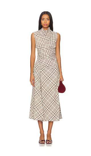 Burke Draped Midi Dress in Sand Plaid | Work Wear Style | Business Casual Outfits  | Revolve Clothing (Global)