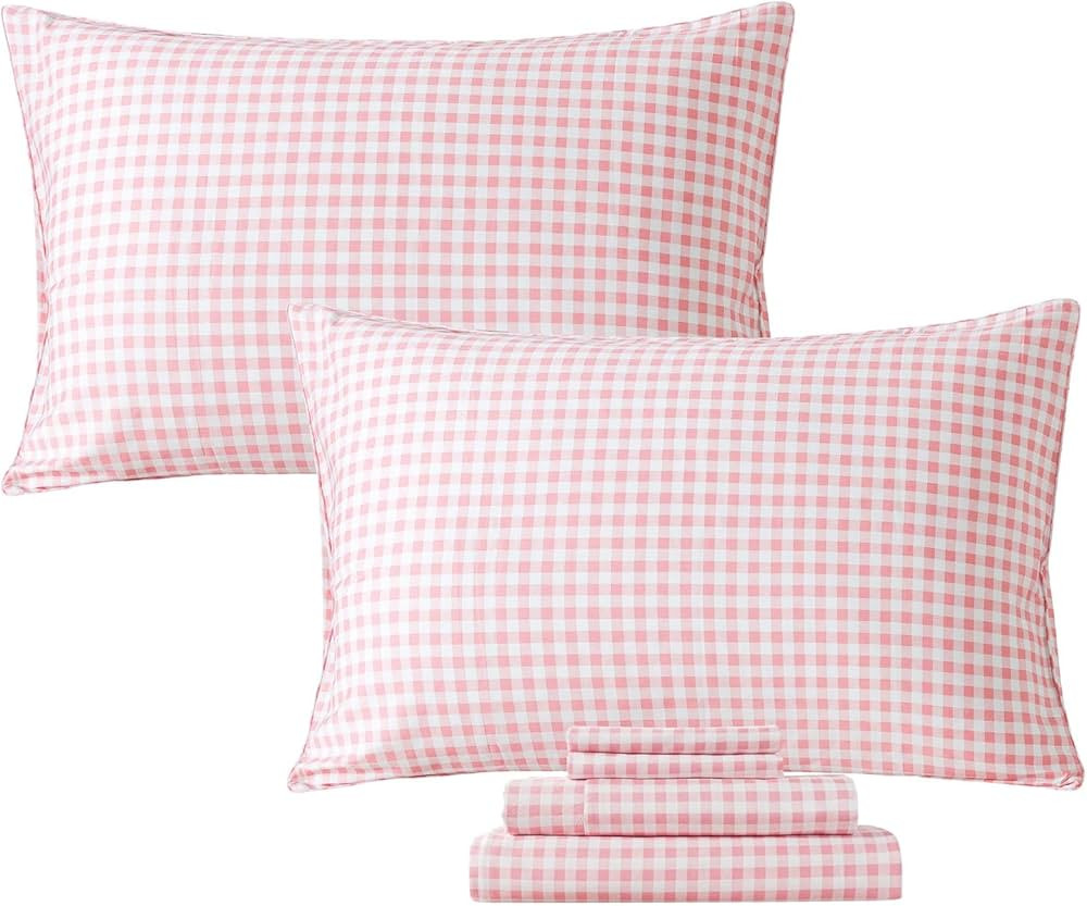 FADFAY Pink Plaid King Size Sheets 100% Cotton Geometric Checker Bedding Teens Grid White Gingham... | Amazon (US)