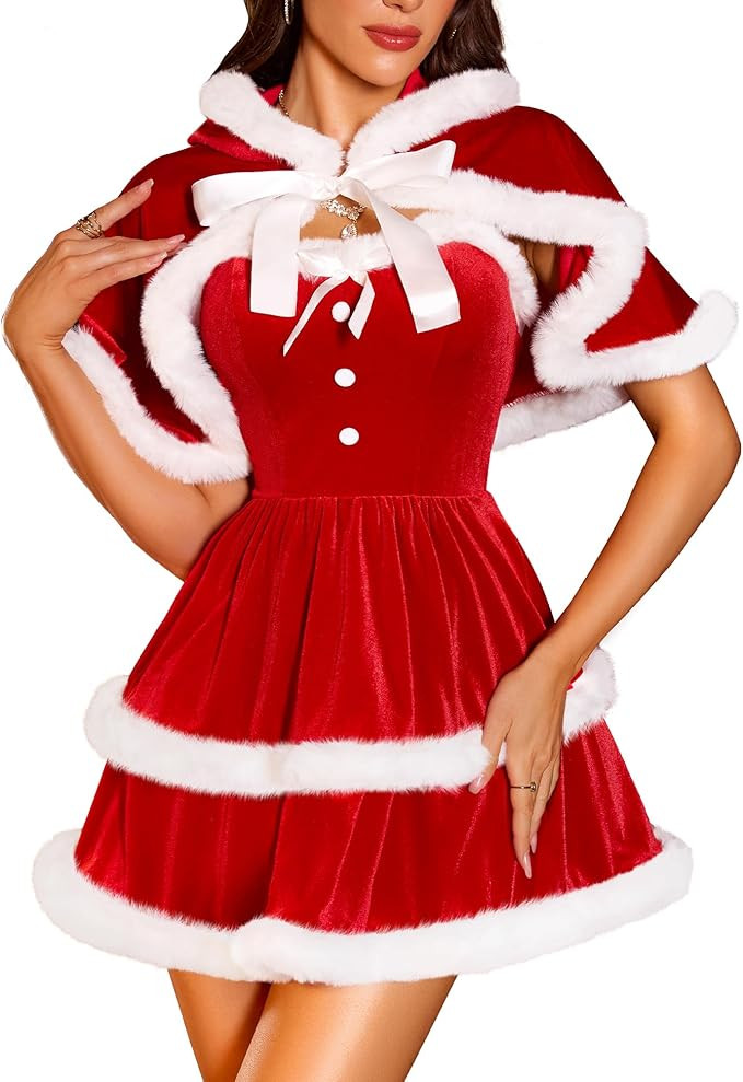 RSLOVE Christmas Outfits for Women - Sexy Christmas Dress with Cape 2Pcs Velvet Santa Costume Xma... | Amazon (US)