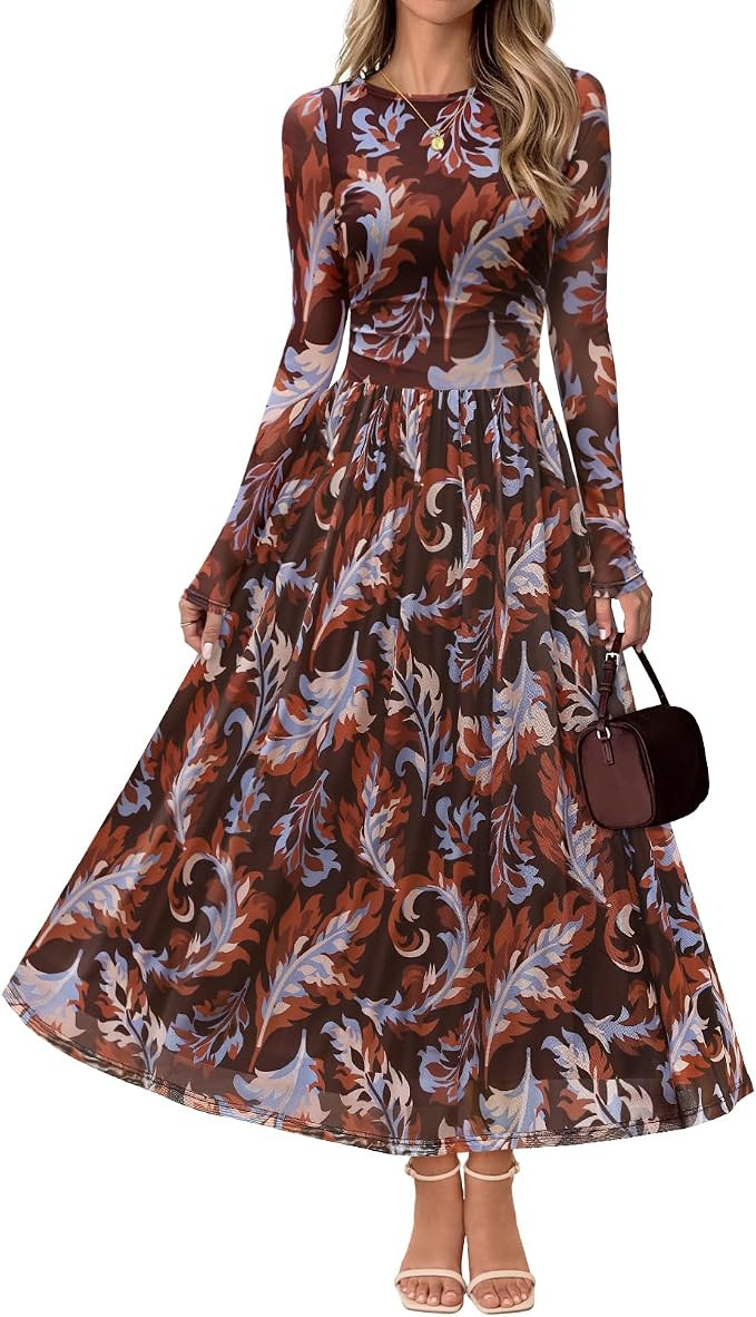 MEROKEETY Women's Fall Wedding Guest Cocktail Long Sleeve Floral Maxi Dress | Amazon (US)