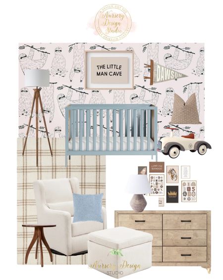 Whimsical nursery inspiration, blue crib, wood tone dresser, side table, ride on toy 

#LTKbaby #LTKbump #LTKhome