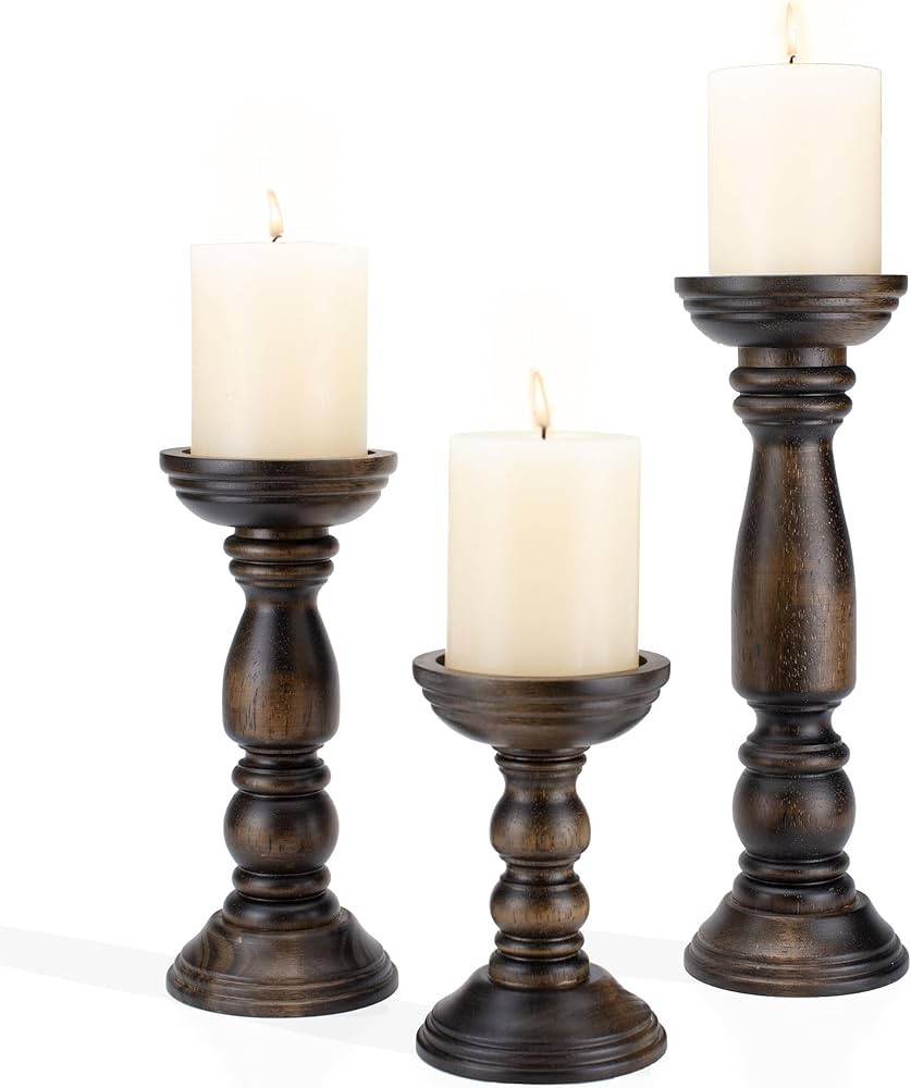 Farmhouse Wooden Candle Holders for Pillar Candles Set of 3, Rusitc Wood Candle Holder Table Cent... | Amazon (US)