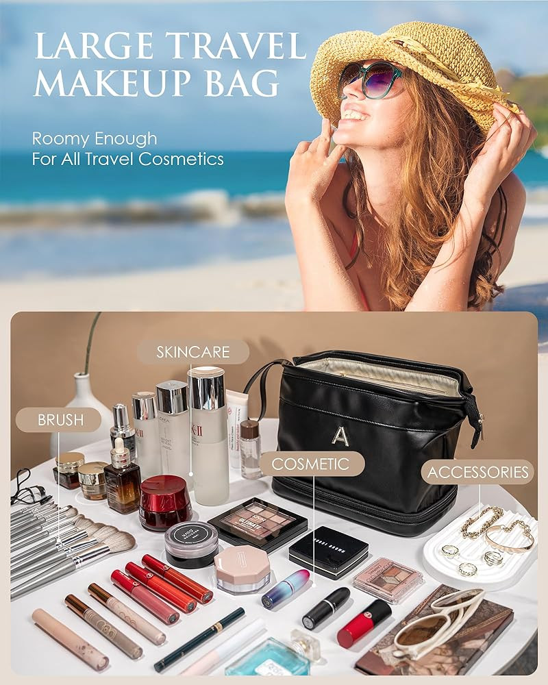Gifts for Women, Initial Large Makeup Bag, Travel Essentials, Personalized Double Layer Cosmetic ... | Amazon (US)