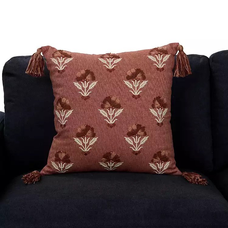 New! Rust Farah Embroidered Floral Pillow | Kirklands