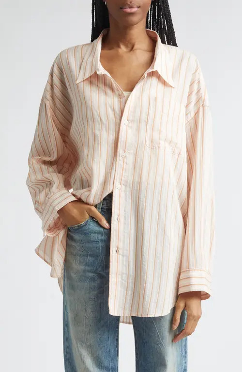 R13 Drop Neck Stripe Cotton & Silk Blend Button-Up Shirt in Light Pink Stripe at Nordstrom, Size Large | Nordstrom