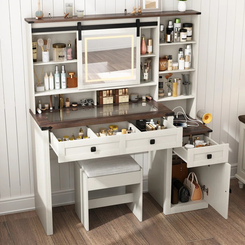 Gracie Oaks Cherrita Vanity Set with Tempered-glass Visible Top, Charging Station and Sliding Lig... | Wayfair North America