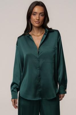 Emerald Island Ease Collared Satin Top | JLUXLABEL US