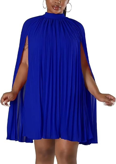 Women’s Casual Cape Sleeve Pleated Split Short Dress Loose Fit Cocktail Party Flowy Dress | Amazon (US)