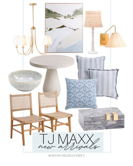 Tj Maxx new arrivals!! So many cute new items just in time for spring! This includes these dining chairs, blue ceramic bowl, blue throw pillows, coastal abstract artwork, gold chandelier, table lamp, sconce, dining table, and decorative box. 

coastal home, coastal style, coastal home, coastal home decor, coastal decor, tj maxx, tj maxx new arrivals, beach house decor, rattan, rattan furniture, kitchen decor, dining room decor, entry way decor, beach house inspiration

#LTKSeasonal #LTKstyletip #LTKhome