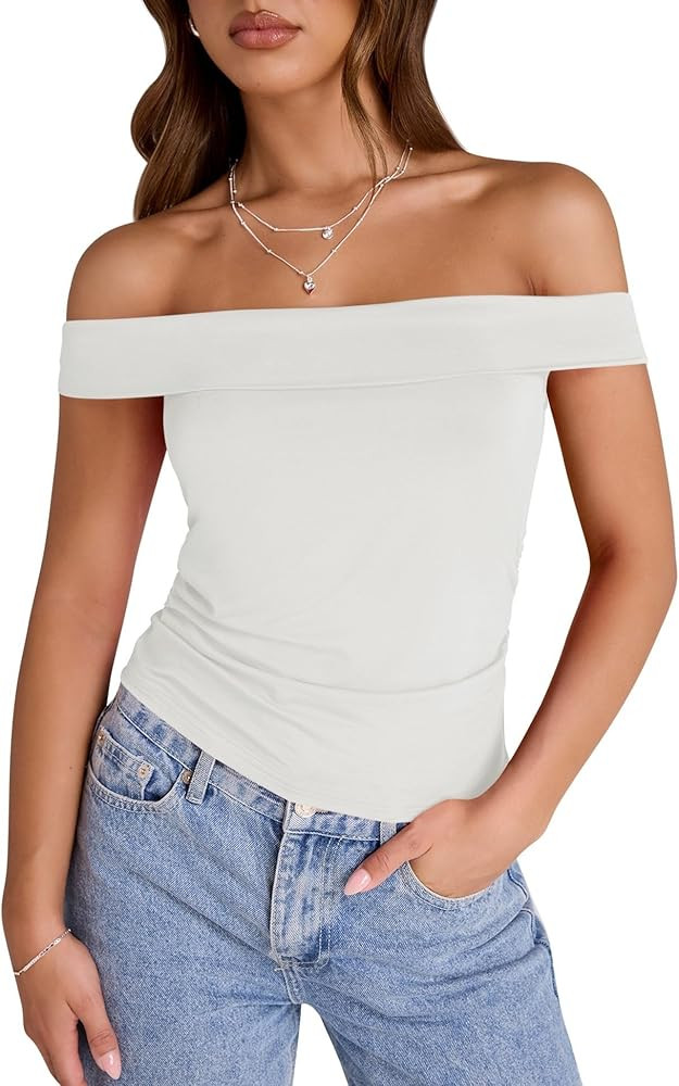 LUYAA Women's Off Shoulder Cropped Tops Short Sleeve Slim Fit Ruched T Shirt Going Out Y2K Trendy... | Amazon (US)