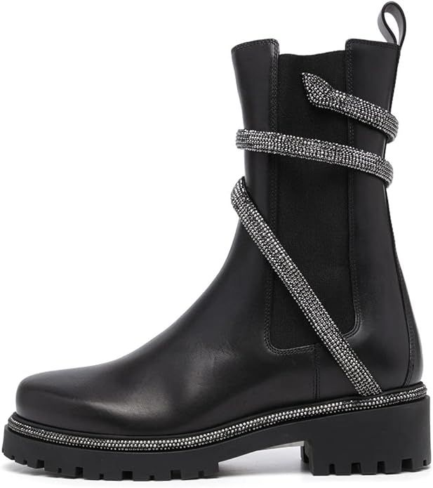 Womens Crystal Sprial Ankle-Wrap Boots Chelsea Combat Flat Lugs Booties | Amazon (US)