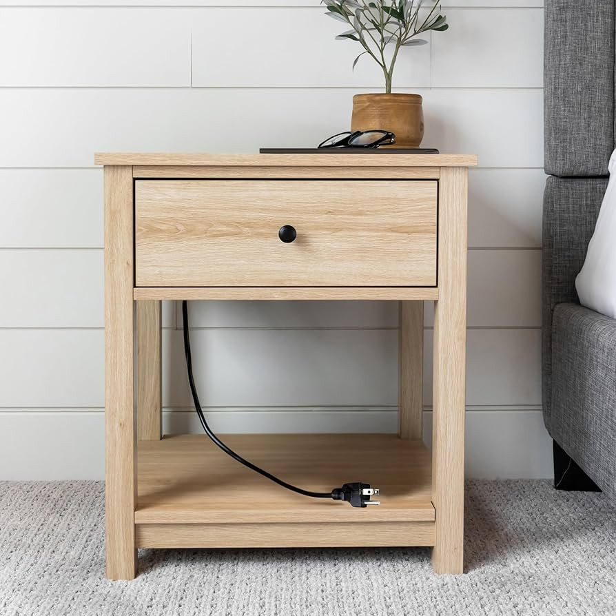 White Oak Veneer Nightstand with Charging Station - Wood Smart Night Stand with Charging Station,... | Amazon (US)