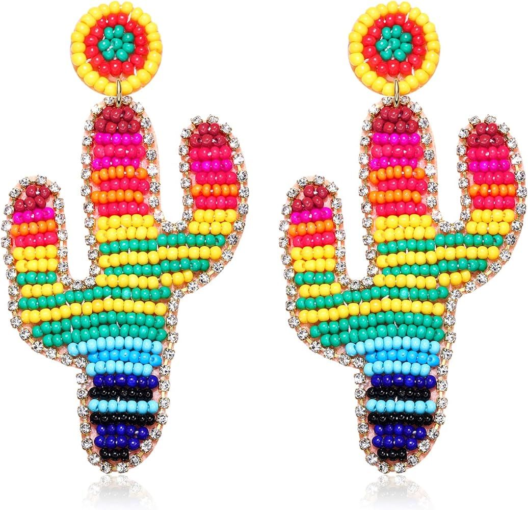 Beaded Earrings Boho Beaded Cactus Drop Earrings Beaded Rhinestone Cactus Earrings Rainbow Beaded... | Amazon (US)