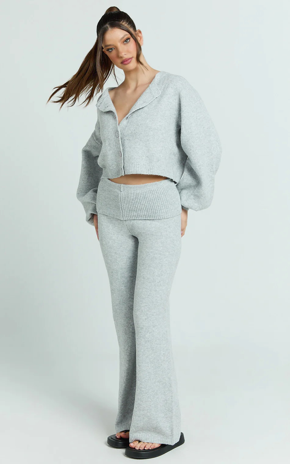 Ebony Two Piece Top and Pants Set - Knitted Crop Cardigan and Pants Set in Light Grey | Showpo (US, UK & Europe)