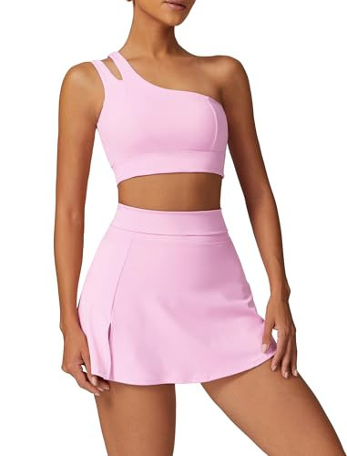 ABOCIW 2 Piece Tennis Dresses High Waisted Tennis Skirt Sets One Shoulder Sports Bra Athletic Dress Golf Outfits Pink Small | Amazon (US)