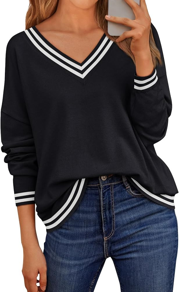 LILLUSORY Suéteres de cuello en V para mujer, de gran tamaño, a rayas, hombros caídos, manga l... | Amazon (US)