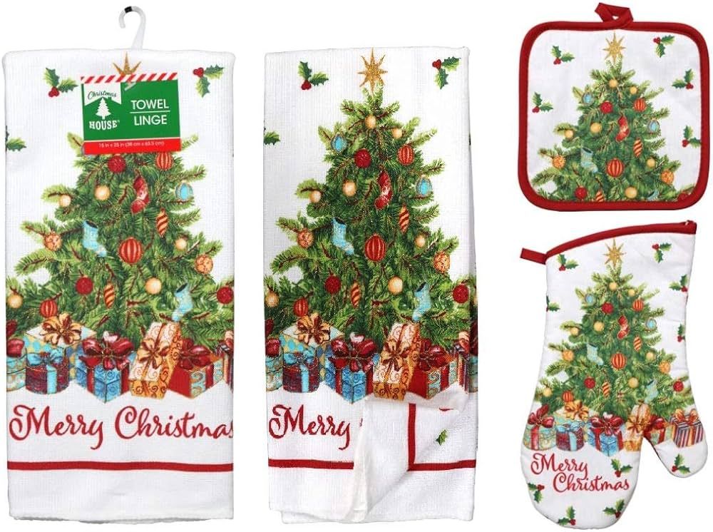 Greenbrier Beautiful Christmas Tree with Gold Accents Merry Christmas 5 Piece Kitchen Set (1) Ove... | Amazon (US)