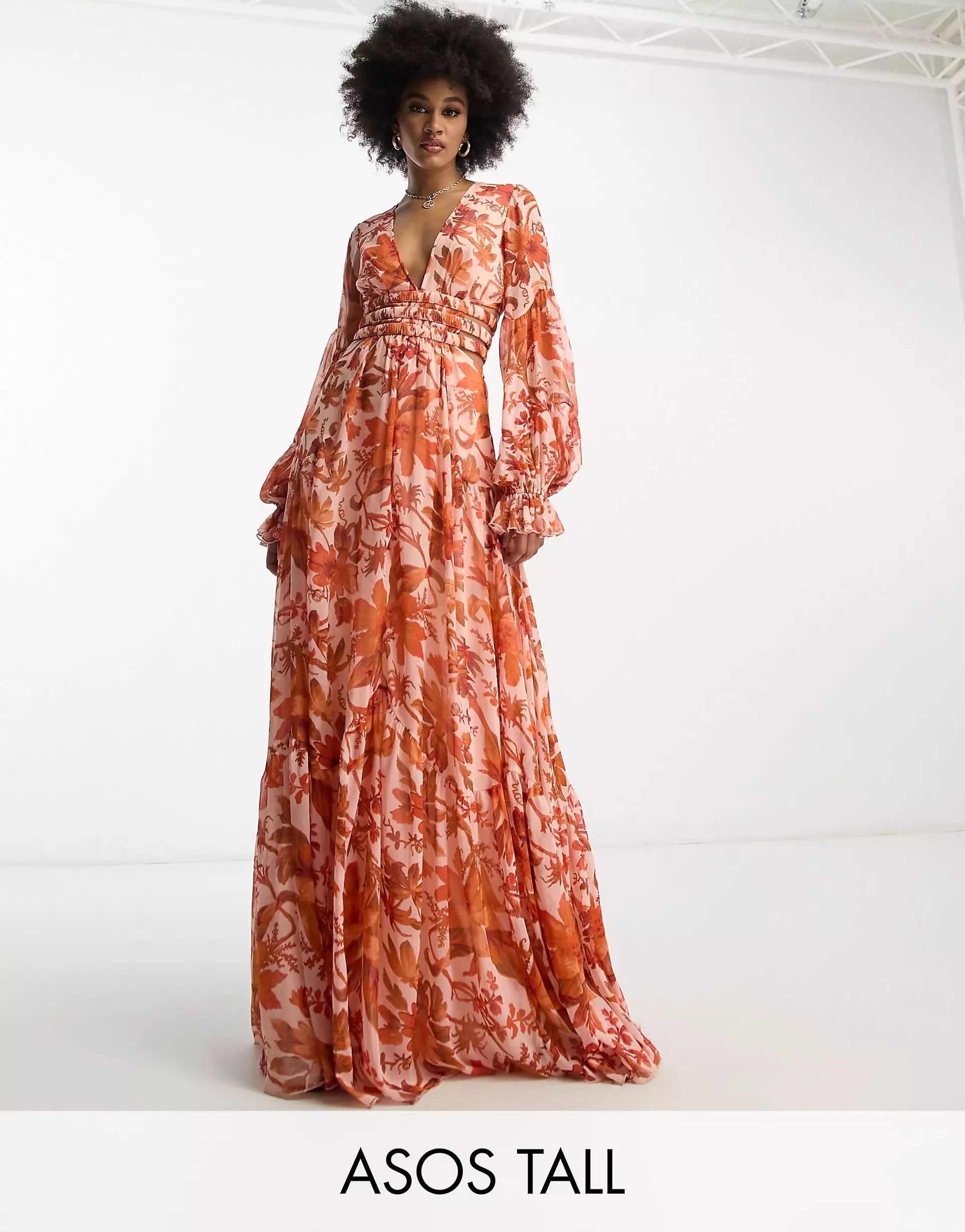 ASOS DESIGN Tall plunge maxi dress with elasticated cut out detail in rust floral | ASOS (Global)