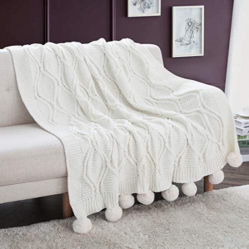 Revdomfly Chenille Knitted Throw Blanket with Pom Poms, Fuzzy & Fluffy Couch Cover Decorative Kni... | Amazon (US)