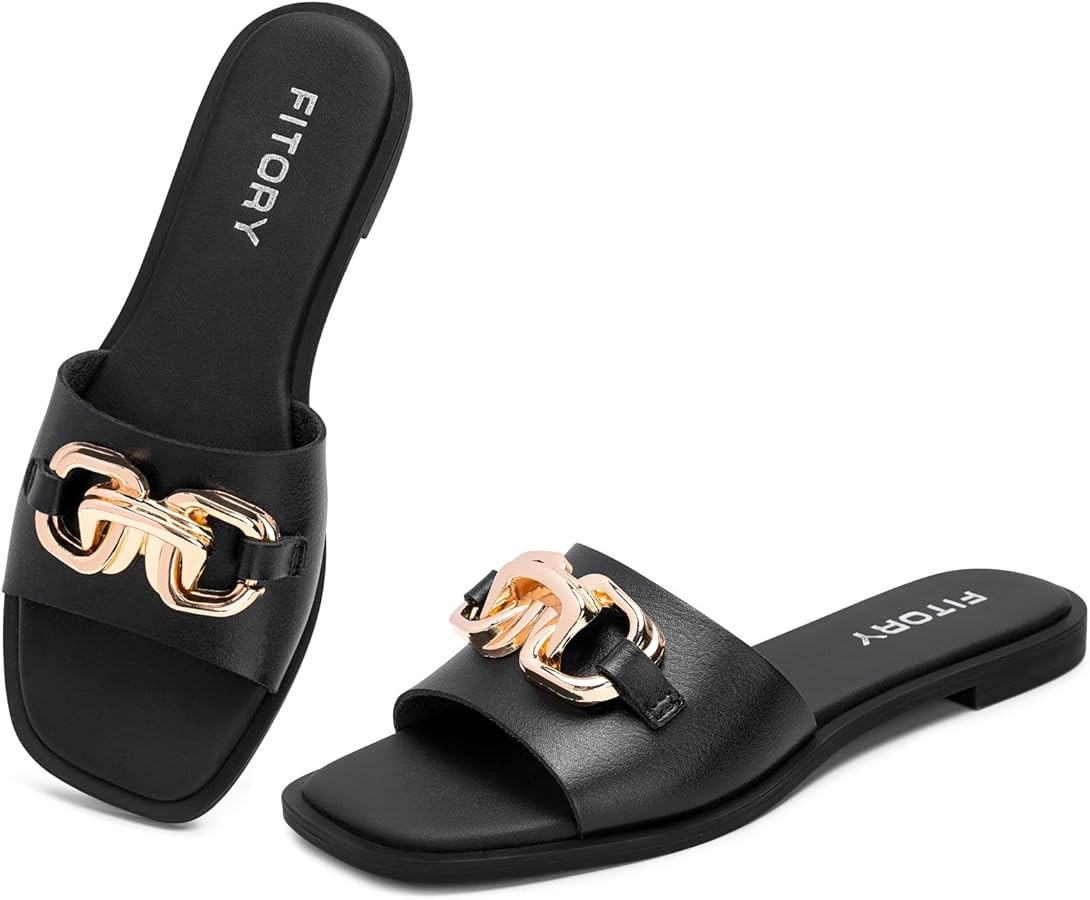 Amazon.com | FITORY Women's Flat Sandals Fashion Slides With Soft Leather Slippers for Summer All... | Amazon (US)