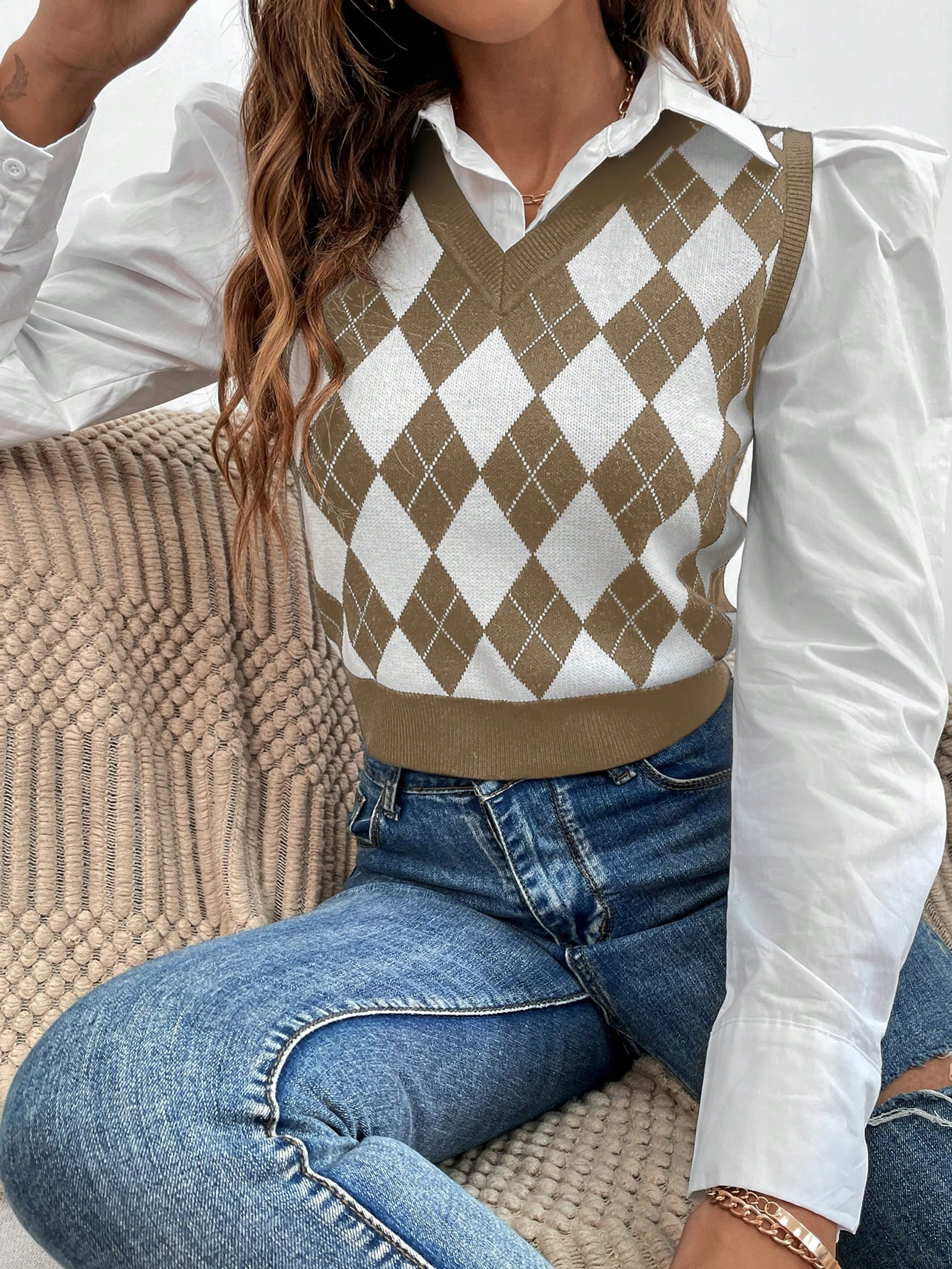 SHEIN EZwear Ladies' Rhombus Pattern V-Neck Casual Knitted Sweater Vest, Autumn/Winter | SHEIN