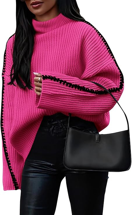 KIRUNDO Women's 2024 Fall Mock Neck Long Sleeve Ribbed Knit Contrast Stitching Oversized Chunky S... | Amazon (US)