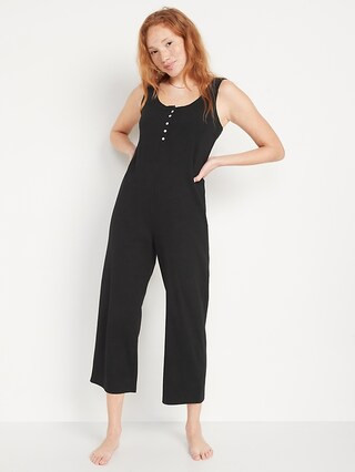 Sleeveless Cropped Rib-Knit Henley Lounge Jumpsuit for Women | Old Navy (US)