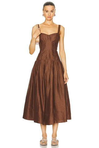 NICHOLAS Makenna Drop Waist Corset Midi Dress in Brown | FWRD 