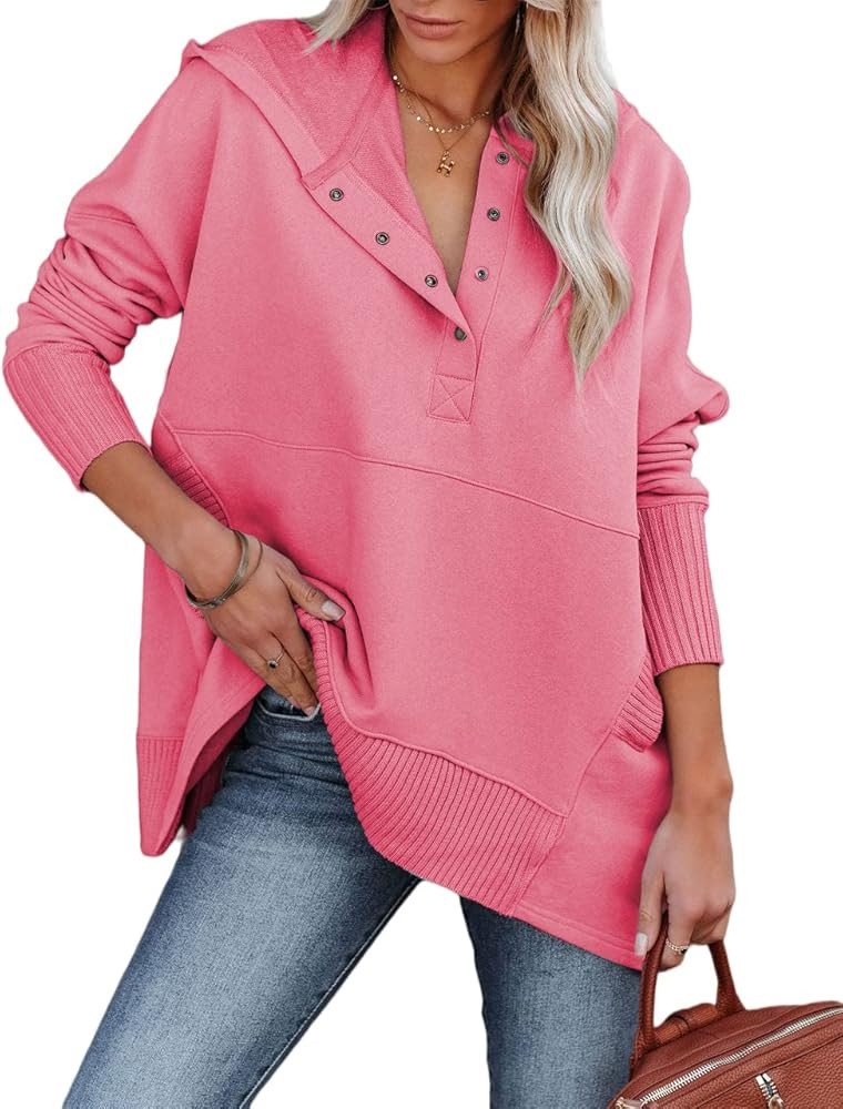 Zwurew Women Casual Henley Hoodie Pullover V Neck Oversize Sweatshirt with Pocket | Amazon (US)