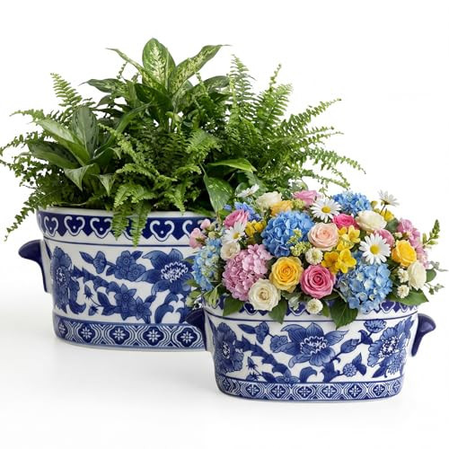 LemonRoad 2 Pc Blue and White Ceramic Planter Pot Chinoiserie Planter Vintage Floral Oval Cachepot Vase for Indoor Plants Succulents Pot Glazed Chinese Porcelain Style No Drainage (10.7'' + 8.3'') | Amazon (US)