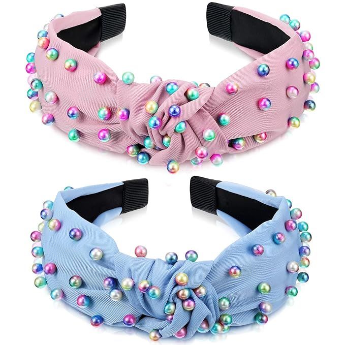 2 Pieces Headbands for Women Pearl Knotted Girls Headband Colorful Jeweled Embellished Gem Hairba... | Amazon (US)