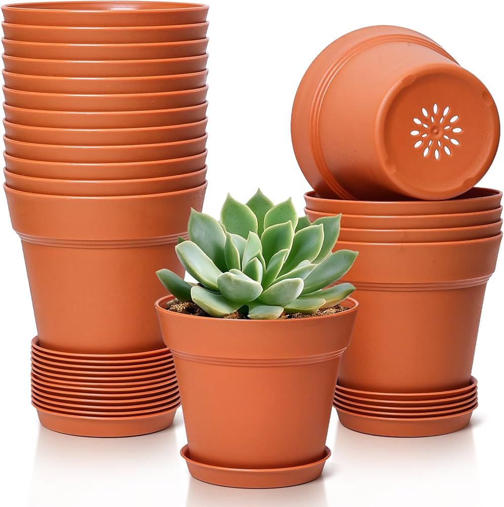 T4U 4 Inch Plant Pots 18-Pack, Small Flower Pots with Saucer and Drainage Hole, Durable Plastic P... | Amazon (US)