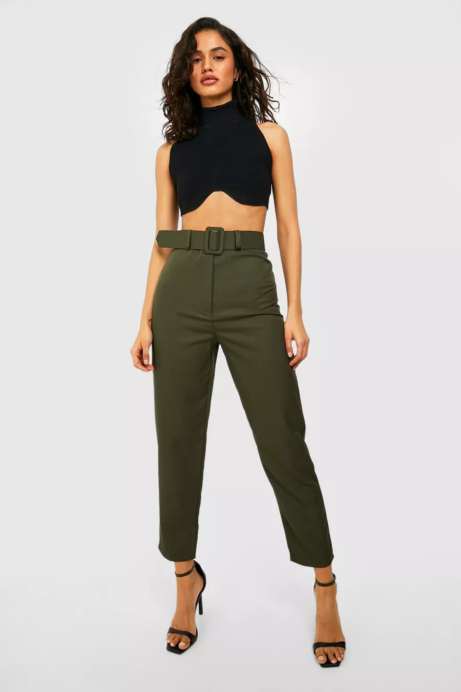 Wide Buckle Belt Straight Tapered Pants | Boohoo.com (US & CA)