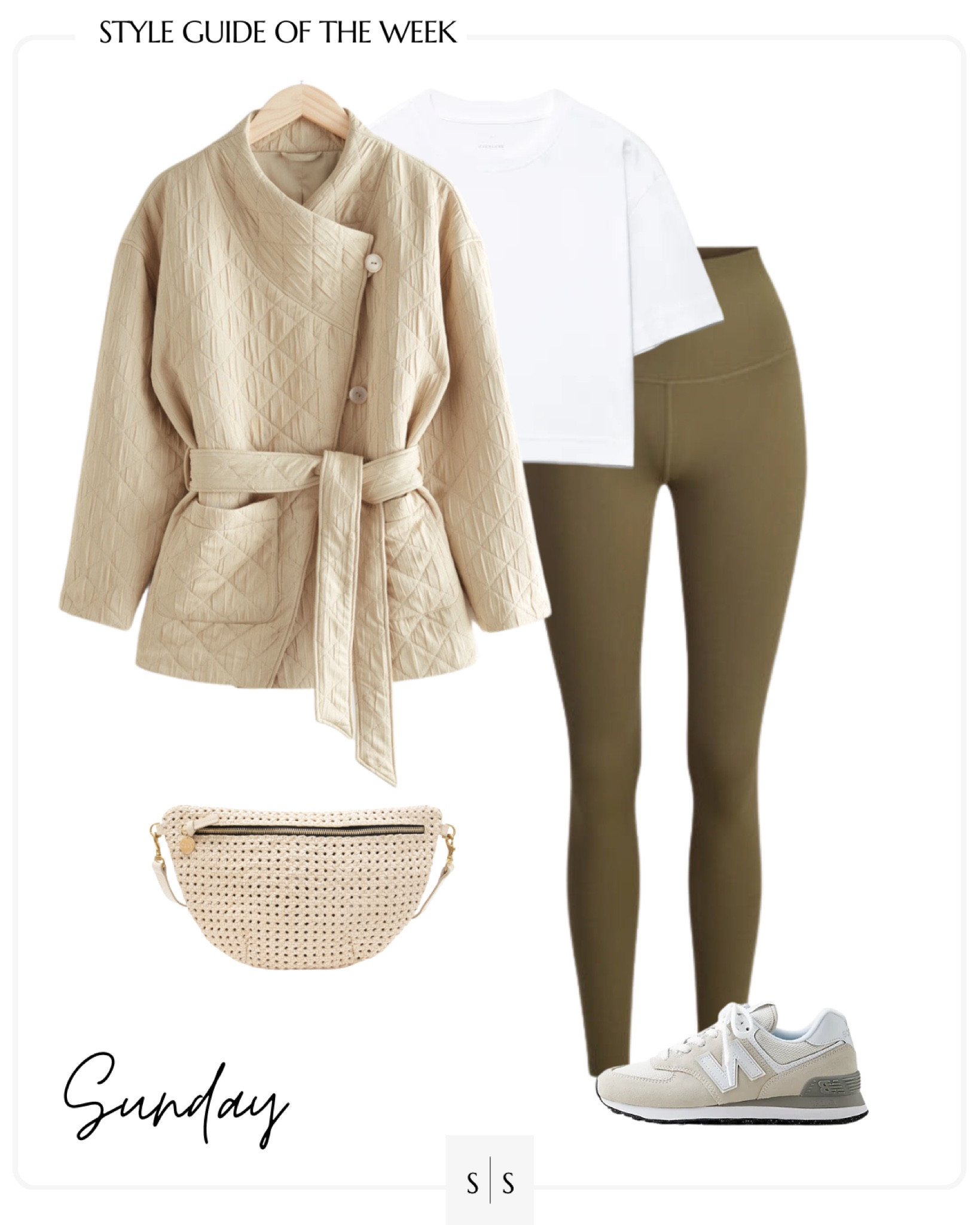 Style Guide of the Week | outfit ideas, Spring outfits, Summer outfits, transitional outfits, elevated outfit, leggings, crop tee, wrap quilted jacket, Clare V. grande Fanny, sneakers, casual outfit, athleisure, weekend wear. See all details on thesarahstories.com ✨

#LTKstyletip #LTKFind #LTKfit