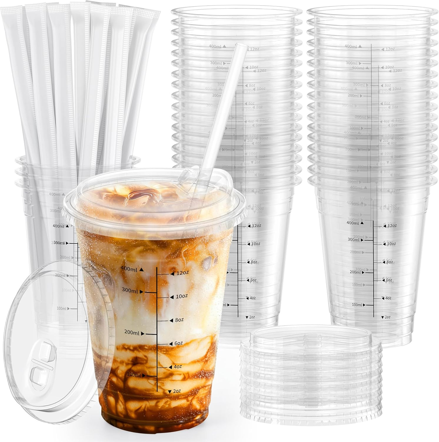 100 Pack - 16 oz Ratio Lines Iced Coffee Cups with Lids and Straws | Amazon (US)