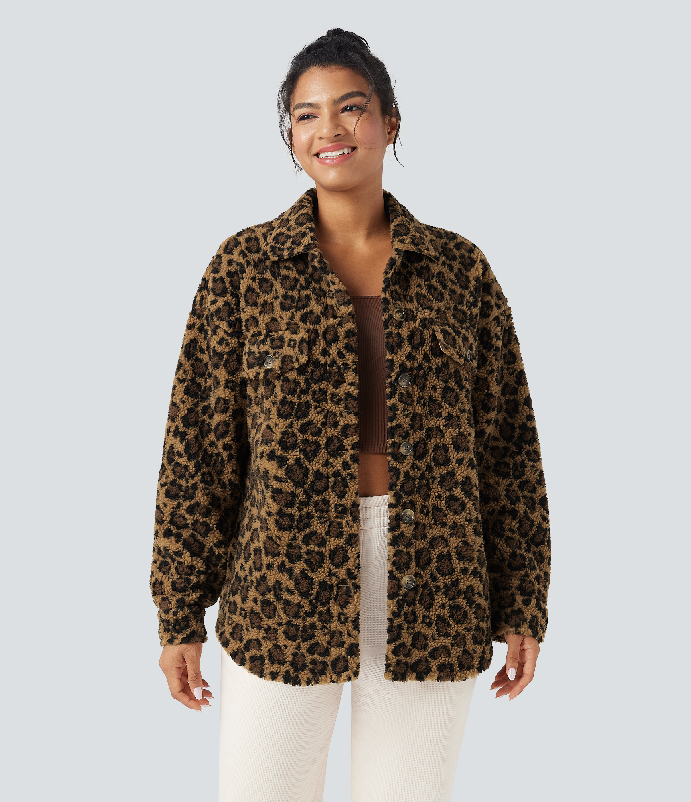Halara Collar Long Sleeve Curved Hem Casual Shacket Sherpa Jacket with Pockets - Amber Leopard - M | HALARA