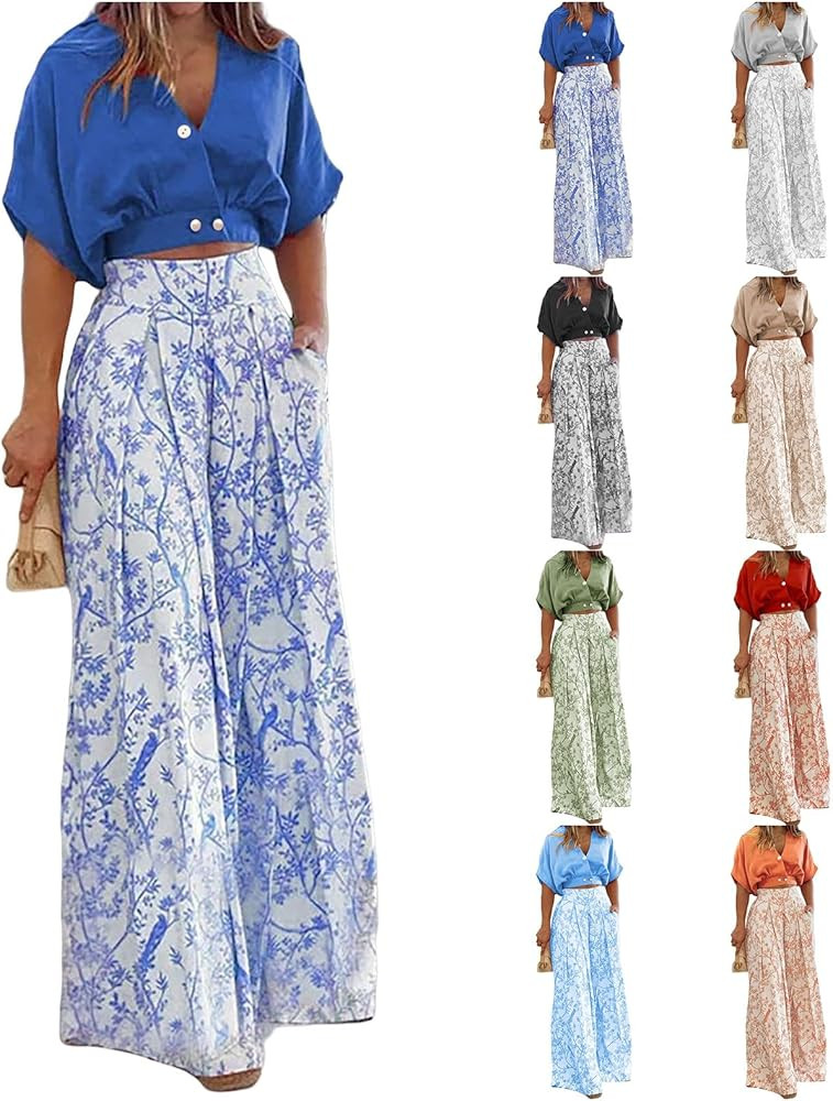 2 Piece Sets for Women Dressy Print Pants Suits Fashion Short Sleeve V Neck Tops and Wide Leg Pan... | Amazon (US)