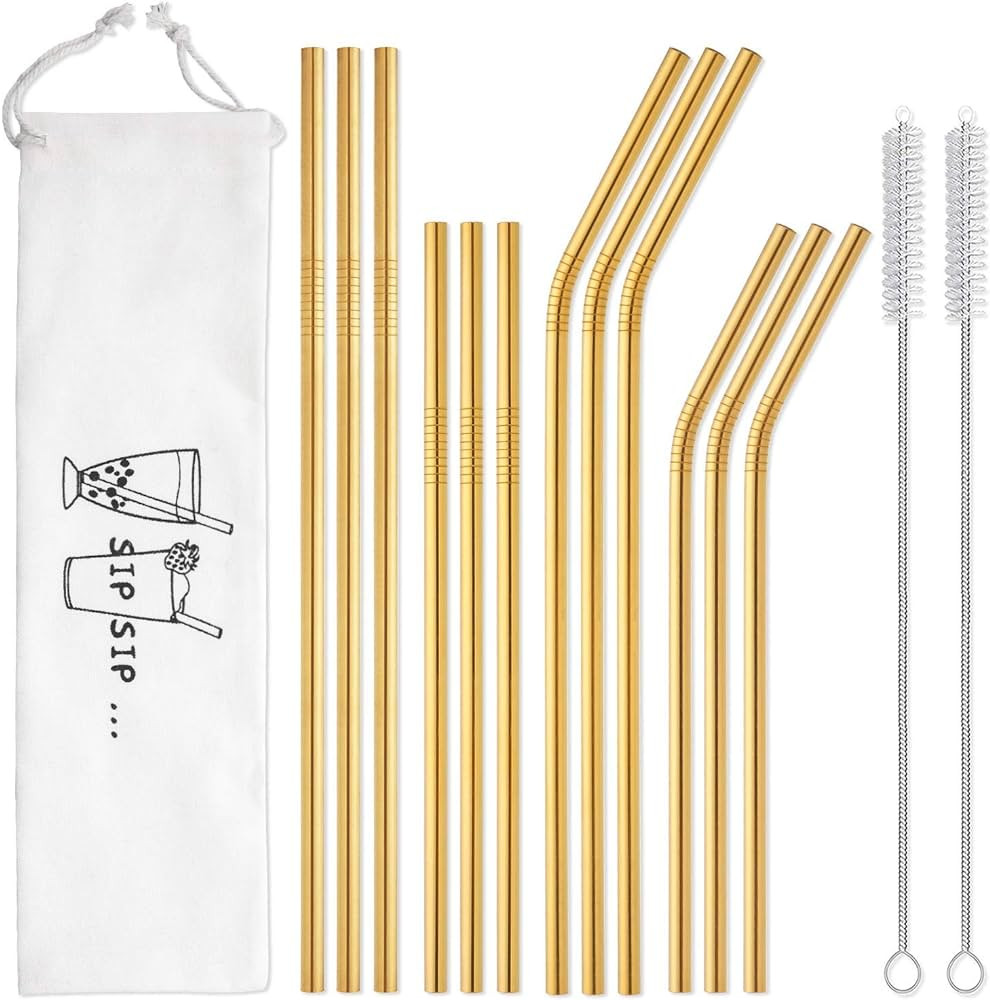 Hiware 12-Pack Gold Stainless Steel Straws Reusable with Case - Metal Drinking Straws for 30oz & ... | Amazon (US)