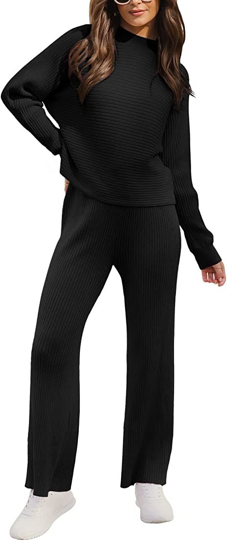 ANRABESS Women's Two Piece Outfits Batwing Long Sleeve Crop Top & Ribbed Knit Wide Leg Pants Loun... | Amazon (US)